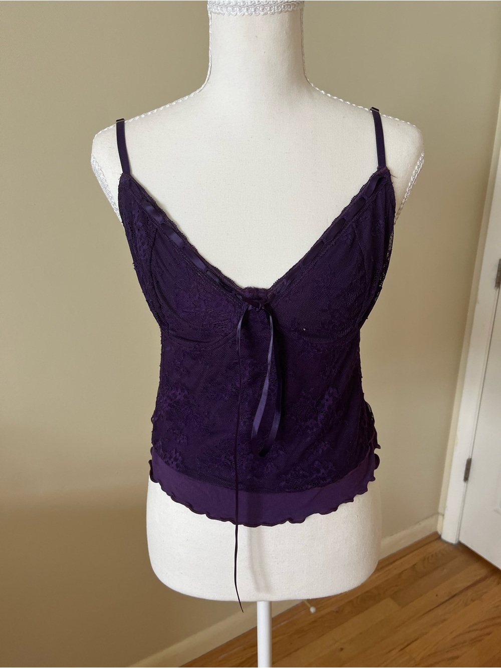 Plum lace tie front camisole top